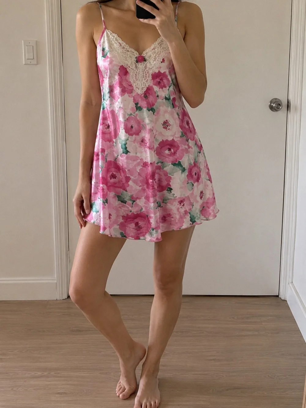Vintage Inner Most Floral Satin Chemise Nightgown Lace Pink
